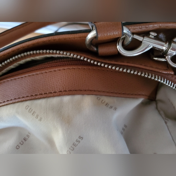 GUESS Cool Mix Handbag | Metallic Bronze & Taupe Satchel with Strap - Picture 6 of 12